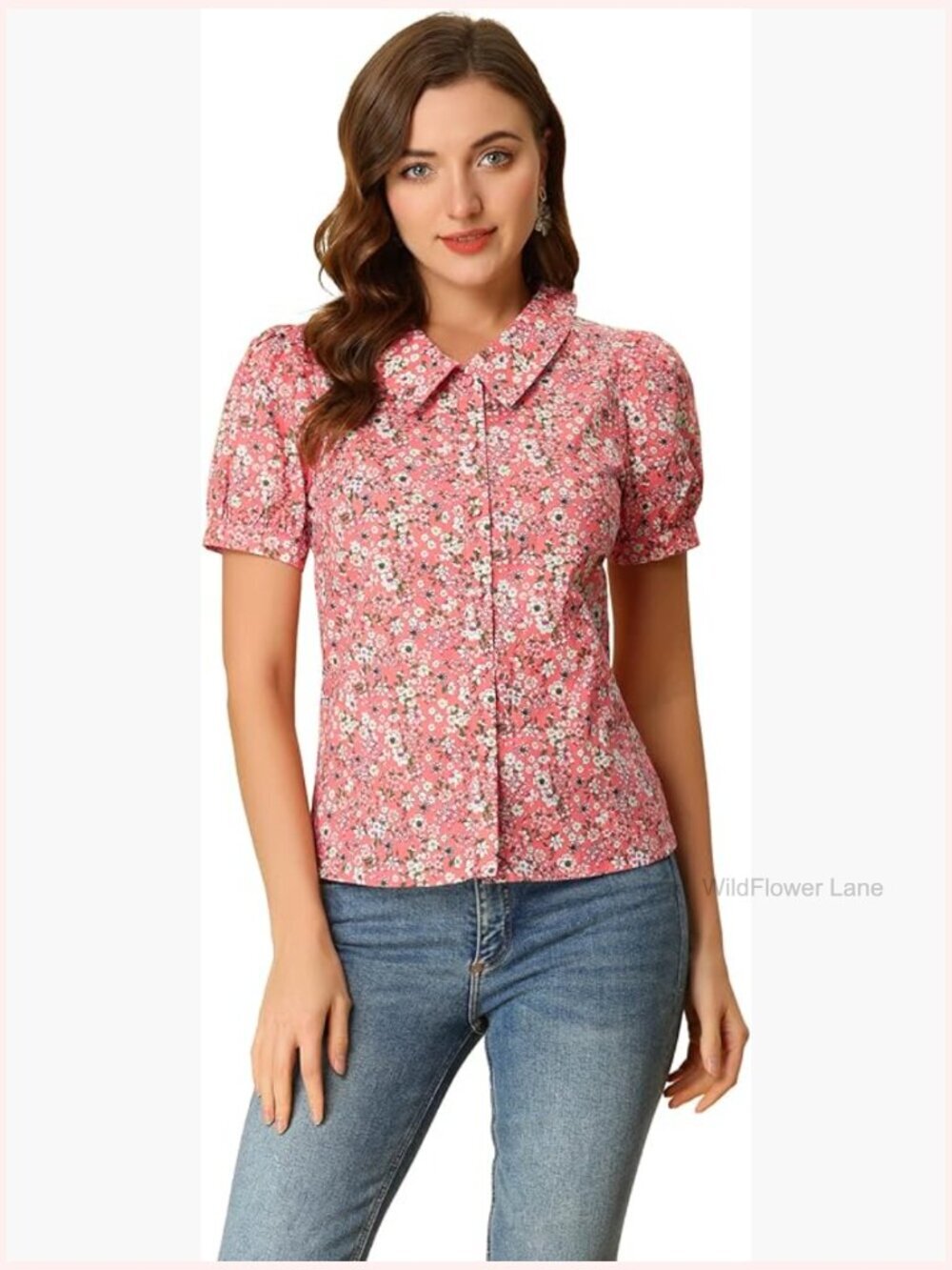 Puff Short Sleeve Point Collar Button Down Floral Blouse Top